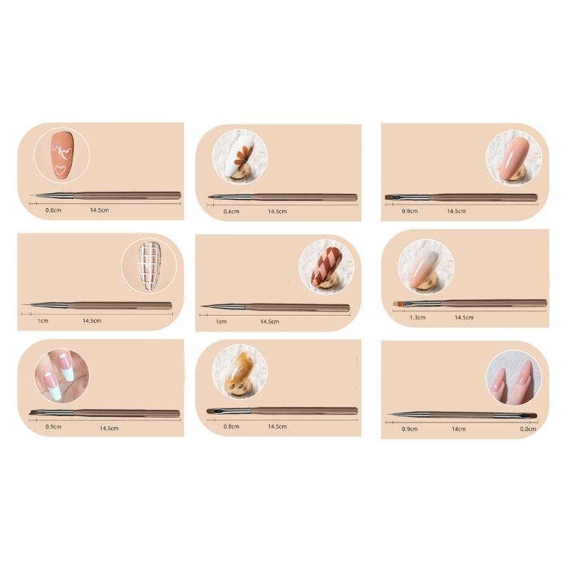 Multipurpose Nail Brush Kit 9Pcs Salon Quality Tools With Soft Nylon Hairs Comfortable Grip for Precise Nail Design