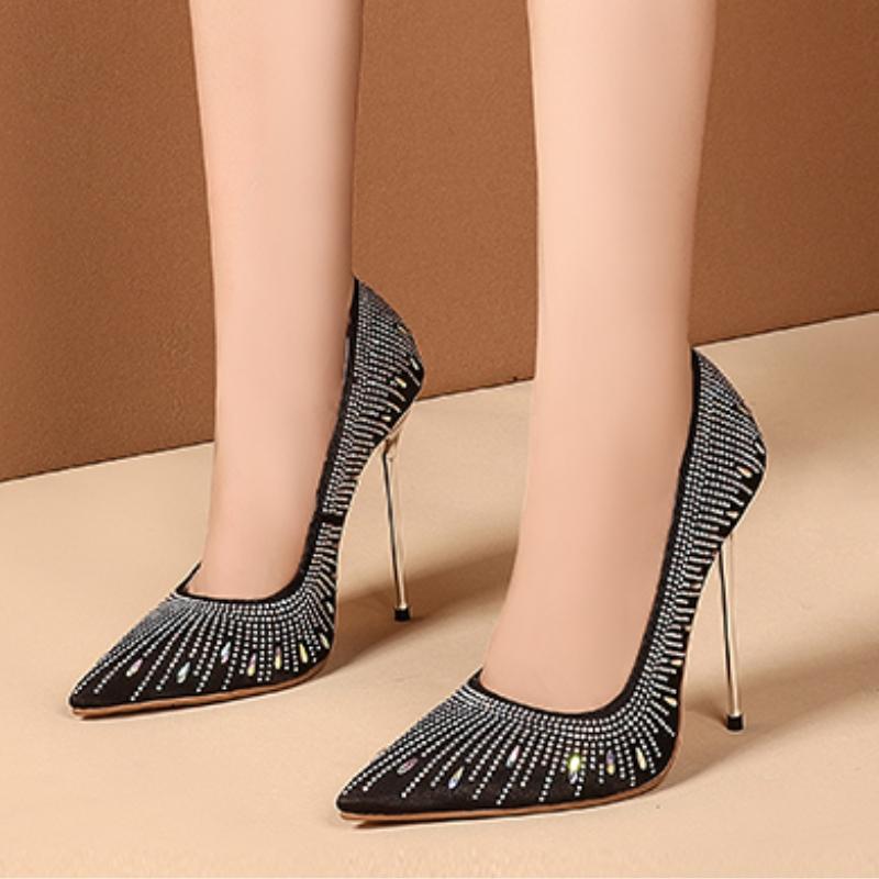 Luxury Thin High Heels Pumps Shoes Woman Large Size Point Toe Red Black Crystal Heeled Party Bridal Wedding Dress Shoes Ladies