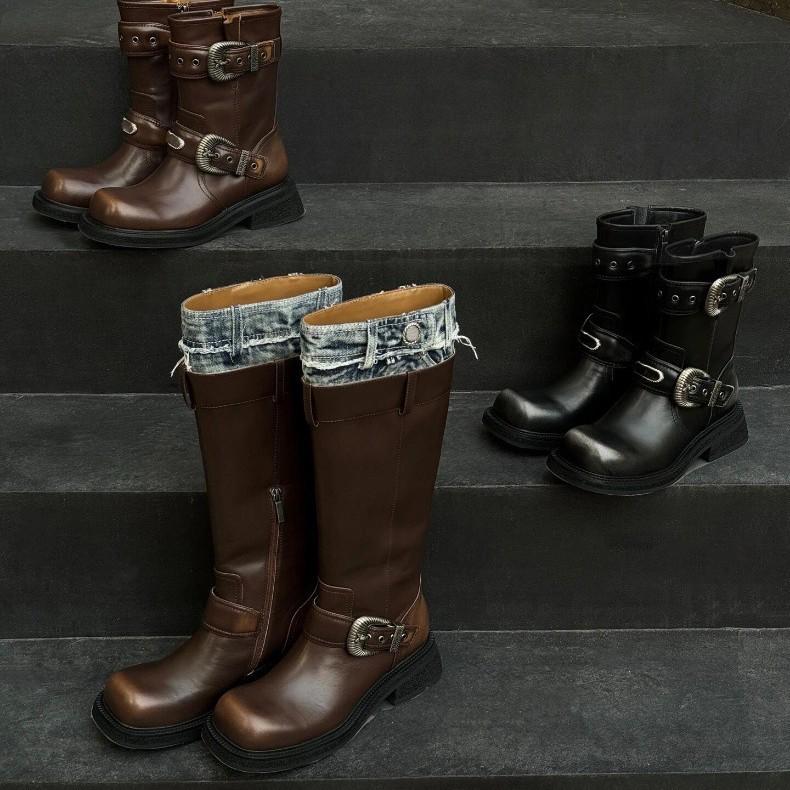 Verze z hovězí kůže~ Pravá kůže Maillard Kovbojské prošívané nadkolenní kozačky Rytířské kozačky Dámské platformové vysoké kozačky