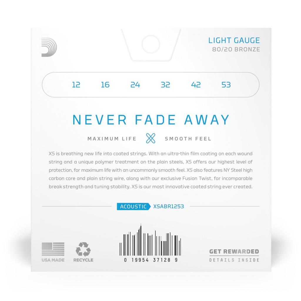 XS Coated Acoustic Guitar Bronze XSABR1253 D'Addario Strings, 80/20 Light, .012-.053,