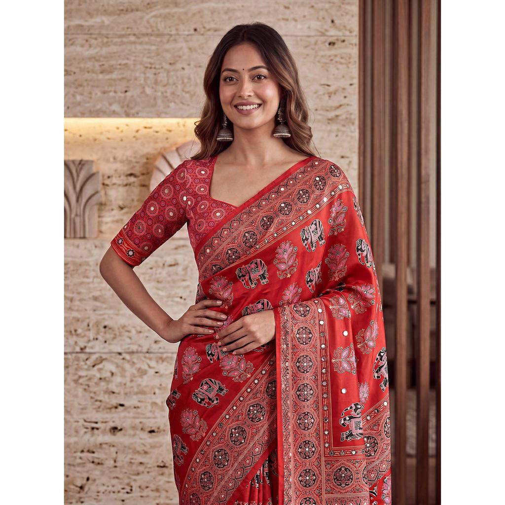 Premium Crap Silk Digital Ajrak Print Saree