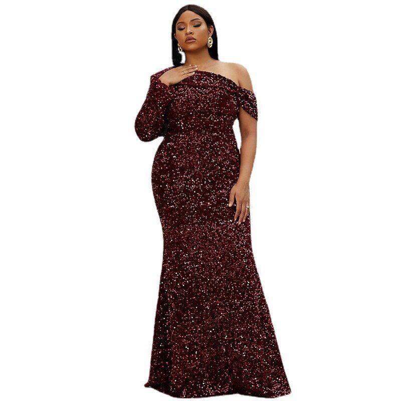 Plus-Size Gown for Curvy Women, Long-Sleeve Mermaid Evening Dress for Weddings, Banquets, and Birthdays, Sexy Evening Gown