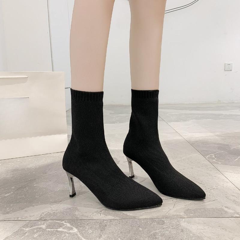 Fashion Knitted Sock Boots Autumn New Pointed Toe Sleeve Mesh Breathable Non-Slip Wear-Resistant Stiletto Heel Short Thigh Single Boots