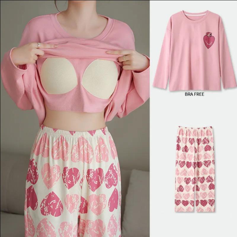 Mateřské pyžamo 2dílný set s prsními vycpávkami Jaro Podzim S dlouhým rukávem Volné Vnější oblečení na doma Dámské domácí oblečení Oblečení pro kojení