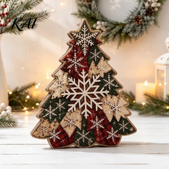 Wooden Holiday Party Decor Quilted Christmas Tree Table Sign, 2D Flat Fabric Patchwork Pattern Desktop Reusable Xmas Sign Ornament, Rustic Farmhouse