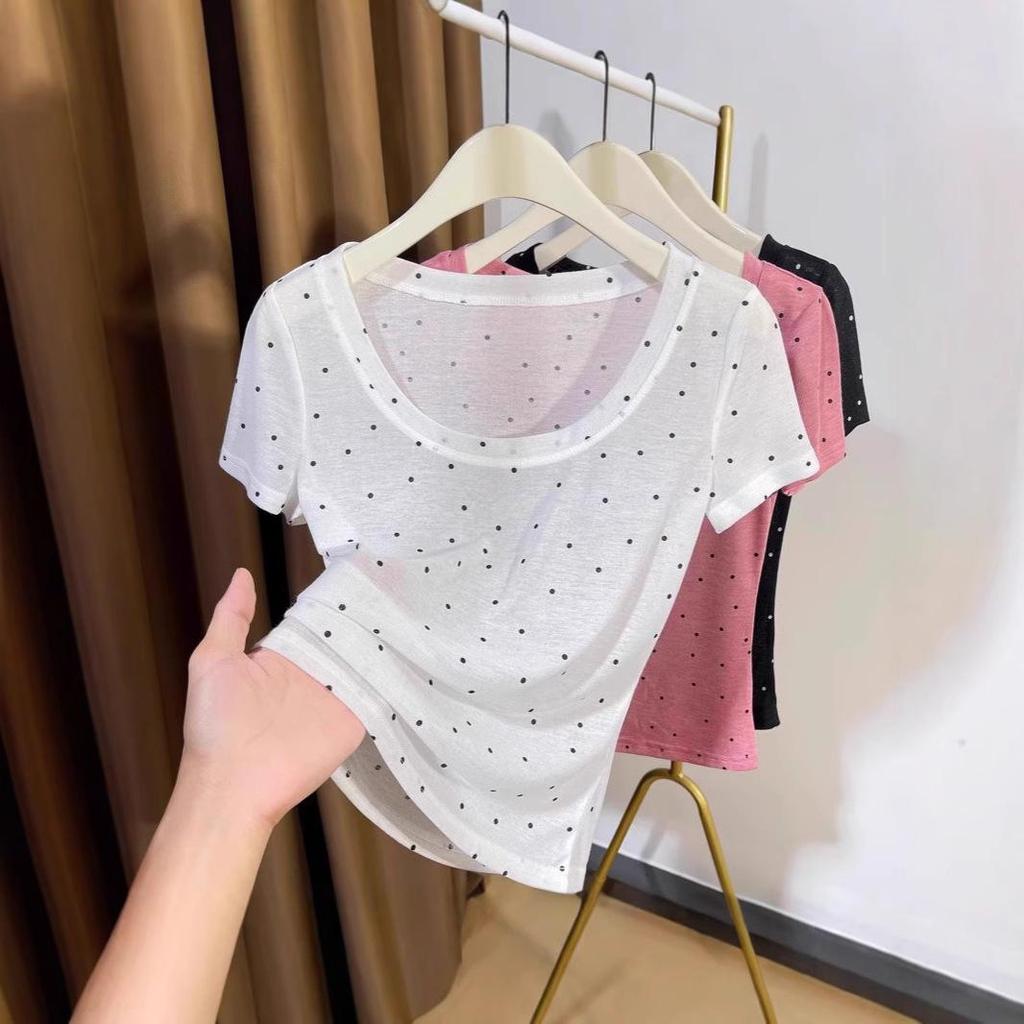 Women's Ultra-Thin Polka Dot Low-Neck Short-Sleeve Knit Top for Summer 2024