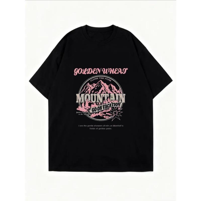 T-shirt Oversize Blanc Blé Doré Imprimé Logo Montagne Vêtement Décontracté Pour Femmes Tenue d'Été Haut Tendance Streetwear