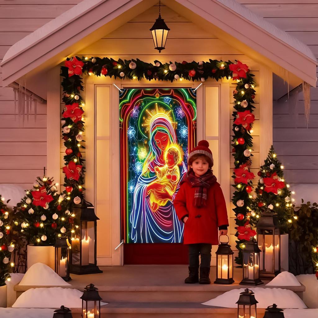 Christmas Door Cover Decoration 35x71inch Large Festive Glowing Backdrop Covers Photography Banner Porch Sign For Indoor Outdoor