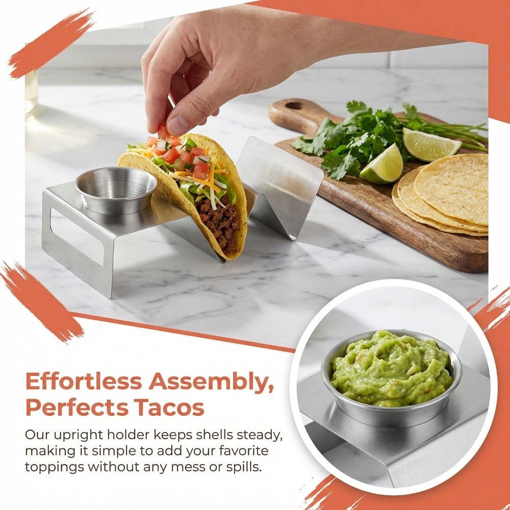 Stainless Steel Taco Holder With Sauce Cup Dishwasher Safe Pancake Stand Heavy Duty Rustproof Taco Stand Pancakes/Hot Dogs
