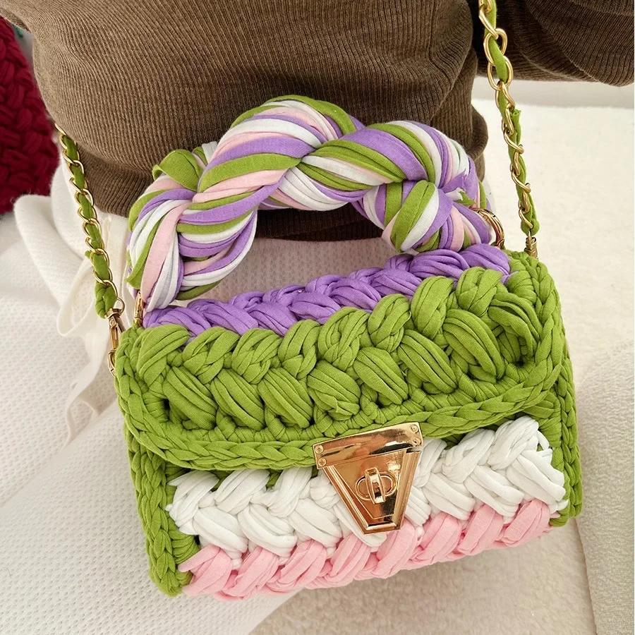 Fashion Wool Knitting Handmade Crochet Shoulder Bag Tassel Fabric Bags for Women Designer Thread Crossbody Fin Bag