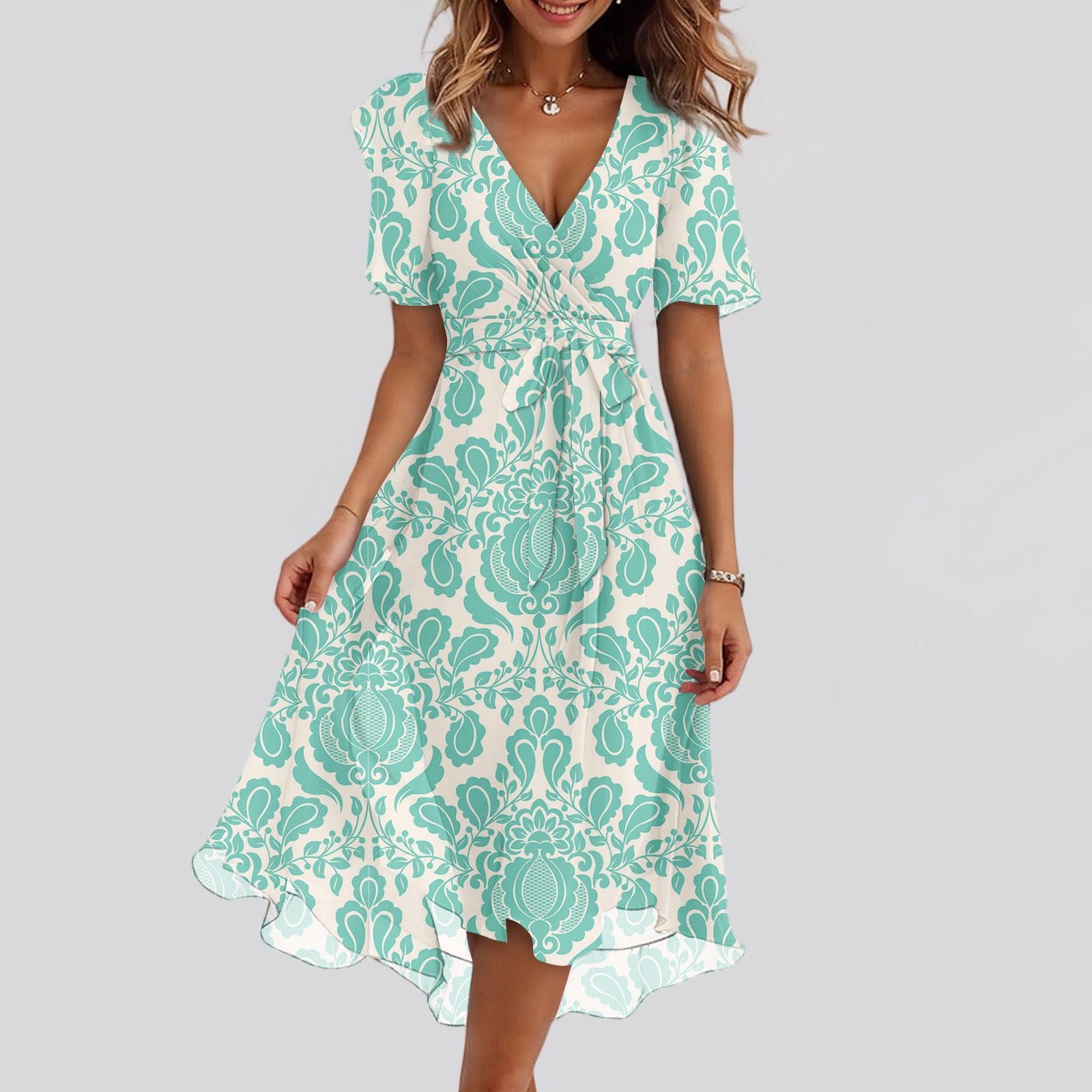 

Жіночий літній повсякденний сарафан міді з квітковим принтом, запахом, V-подібним вирізом, оборками, капюшоном, короткими рукавами, поясом, А-силуету, з оборкою по подолу XL