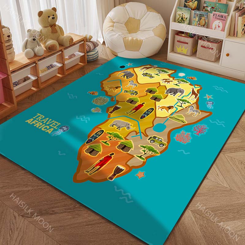 Cartoon Map of Five Continents with Animals Print Carpet for Living Room Bedroom Sofa Doormat Decor Kids Room Area Rug for Gifts