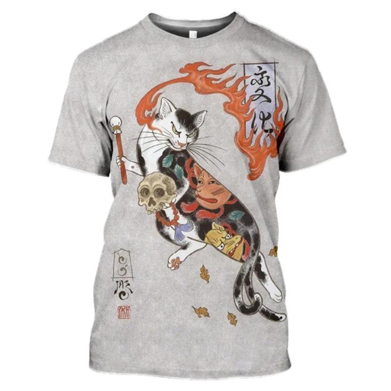 Retro T-shirt Men Women Samurai Cat Tattoo Shirt for Men 3d Print Cool Classic Art Shirt for Summer Round Collar Tops Tees