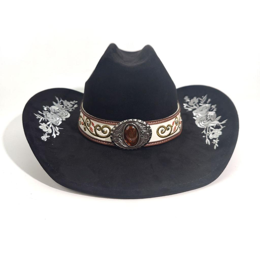 New Western Denim Hat Spring And Autumn Men'S And Women'S Big-Brimmed Jazz Hat Suede Embroidered Top Hat