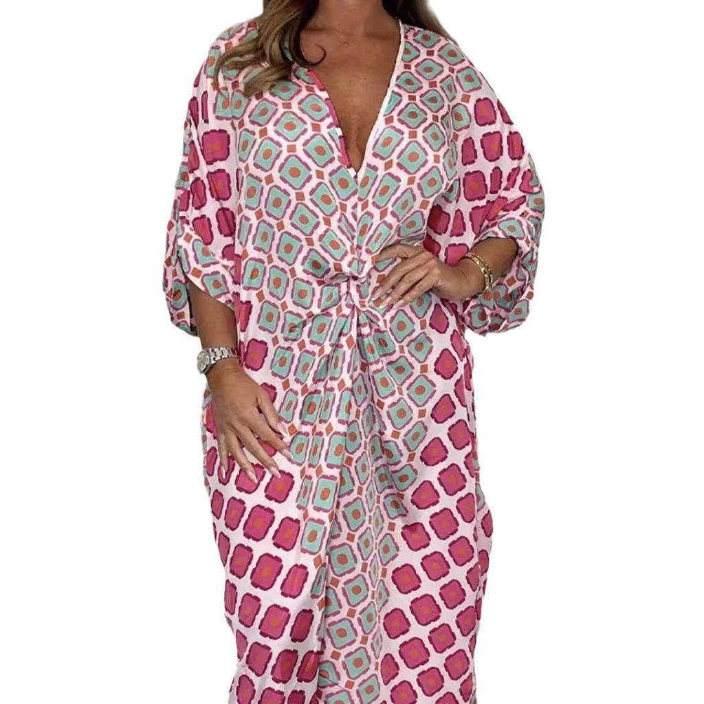 Women'S Clothing, European And American Style New Summer V-Neck Loose Geometric Printing Dress