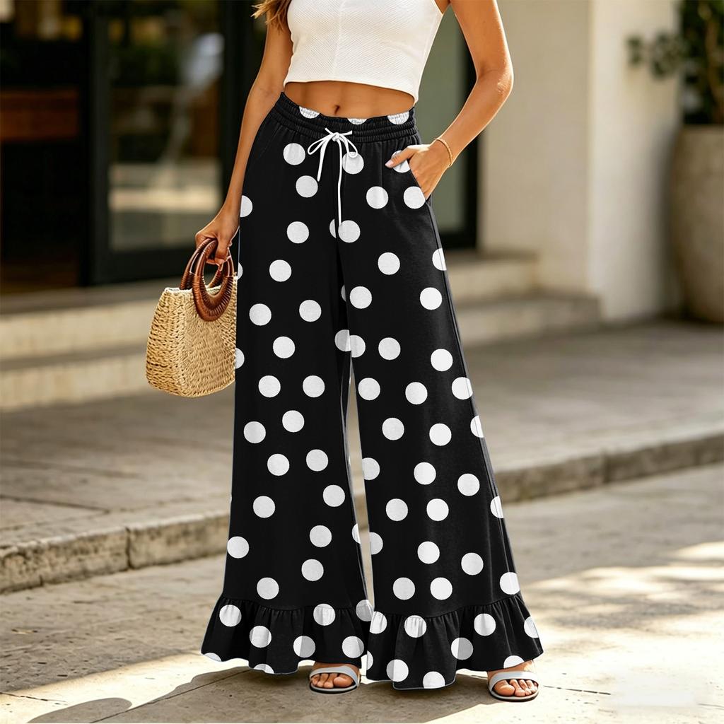 Damen High Waist Weite Hosen mit Kordelzug und Taschen Entspannte Passform Lange Hosen mit Rüschensaum und Blumendruck für Freizeitkleidung