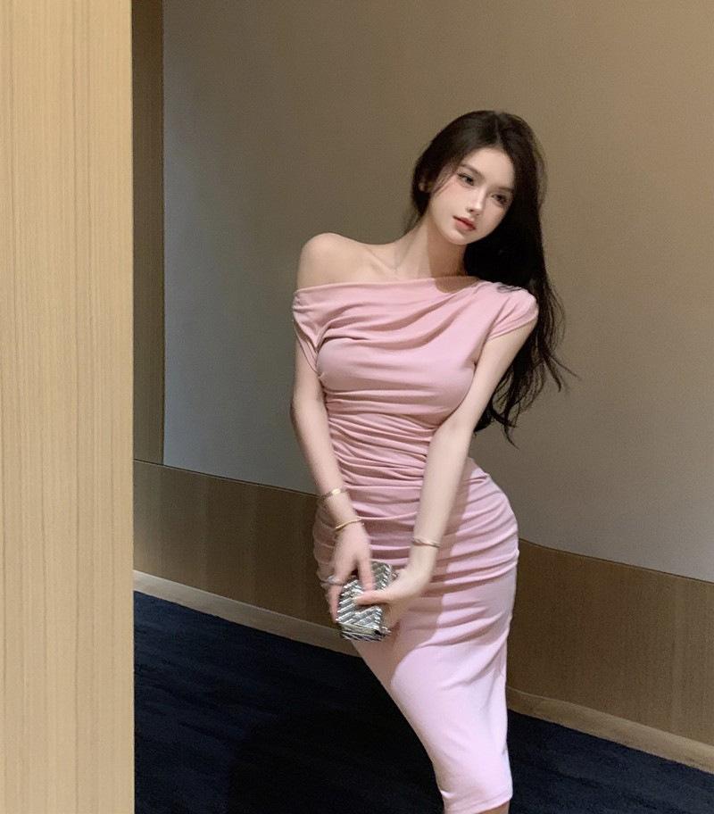 Slant Shoulder Design, Niche Sexy Dress, Women's Summer New Waist, Thin, Tight, Hip-wrapped Medium and Long Skirt