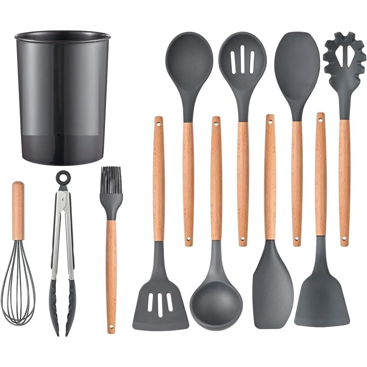 

Кухонная утварь Набор кухонной утвари, 12 шт. Деревянная ручка Нетоксичный Не содержит БФА Силиконовая ложка Лопатка Переворачиватель Щипцы Кухонные гаджеты Набор утвари