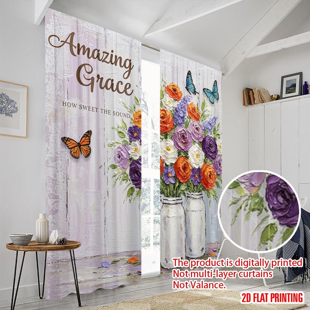 2pcs 2D Flat Printing Scene Curtains Amazing Grace Flower Butterflies Fabric Without Electricity Birthday Party Perfect for Home