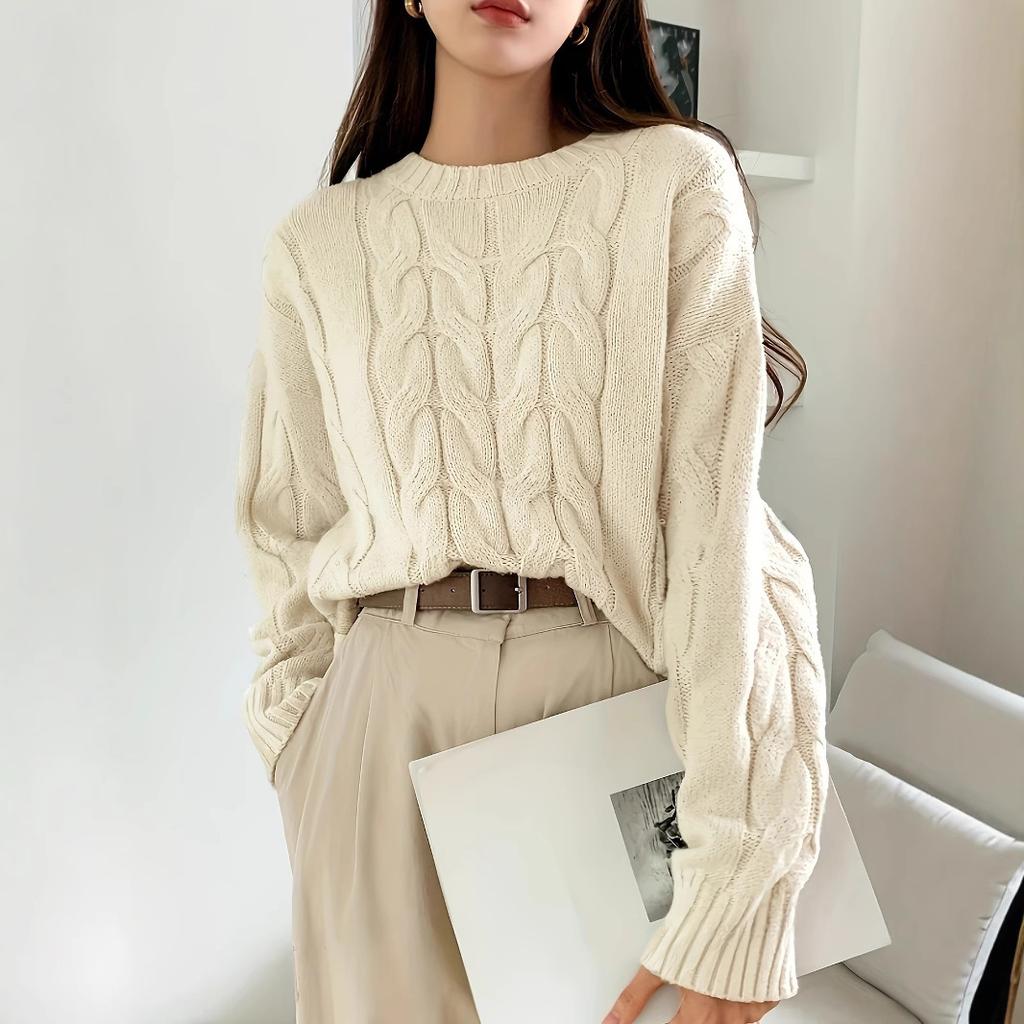 Women Fall Winter Twist Knit Top Pullover Sweater Loose Round Neck Solid Color Versatile Fashionable Comfortable Petite