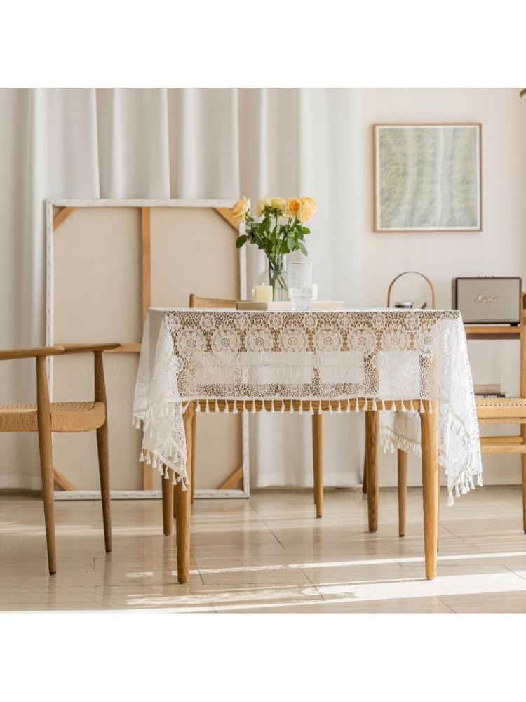 Vintage Heklet Duskelduk, Pastoral Stil Hullet Blonder, Firkantet Polyester Bordduk med Firkløver, Dekor til Bryllup