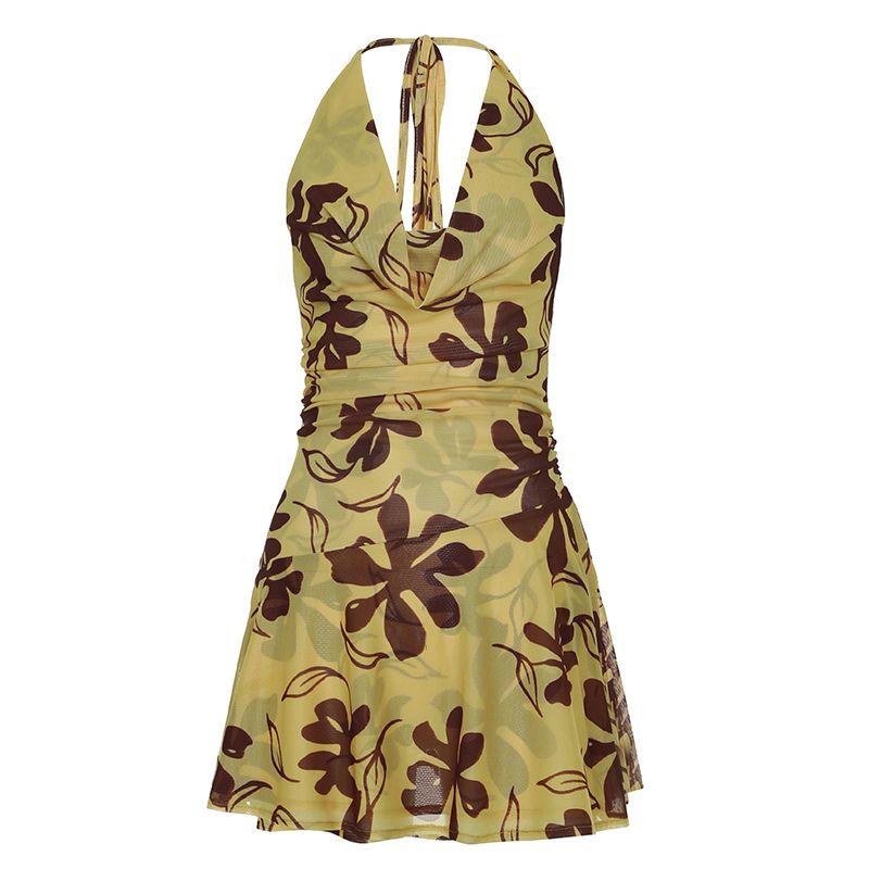 

Семейная европейская и американская женская одежда Романтичное праздничное платье с цветочным принтом, воротником-качели и халтером, асимметричной открытой спиной, праздничное короткое платье Yellow L