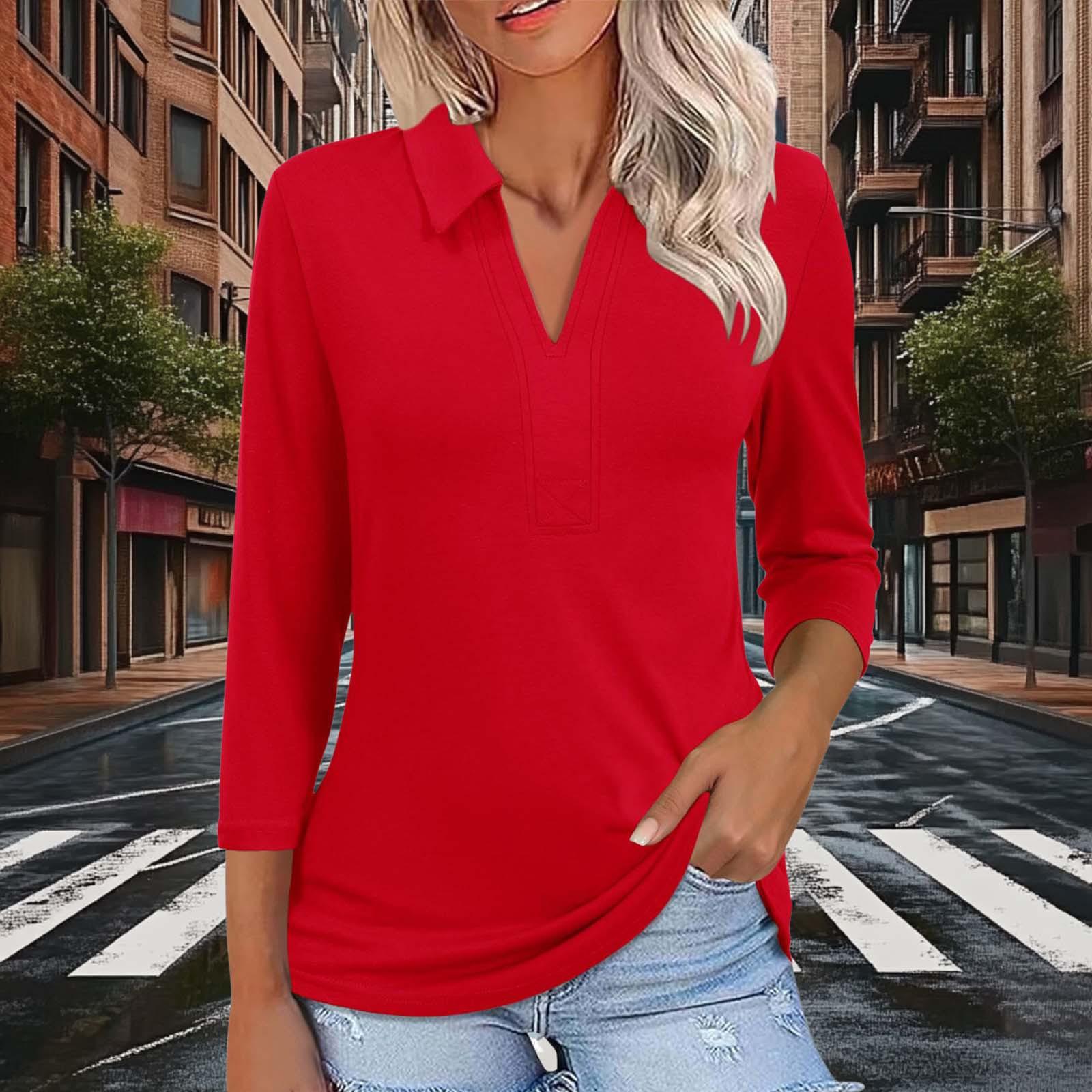 

Women s Fashionable And Casual Solid Color Three Quarter Sleeve Pullover Slim Fit Top M червоний