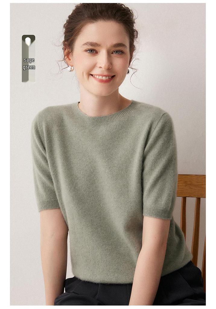 100% Pure Cashmere Round Neck Short Sleeve Pullover Sweater - Solid Color, Loose Fit for Autumn/Winter