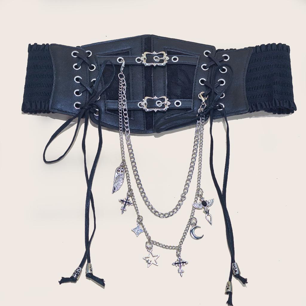 Lace Corset Punk Black Wide Belt With Chain Pu Leather Slimming Body Belts for Women Elastic High Waist Belt Female Cummerbunds