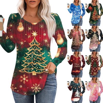 Kadın Günlük Üst Noel Baskılı Yuvarlak Yaka Uzun Kollu Pileli Tişört