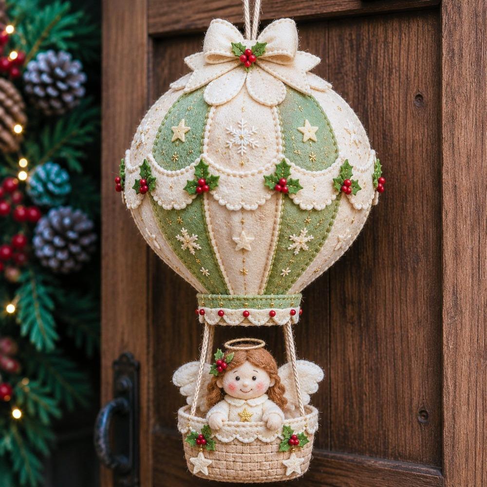 Vintage Christmas Hot Air Balloon Kit with Bell Bow Snowman Santa Balloon Hanging Decor Handmade Hand-Sewn Xmas Tree Pendant Kit