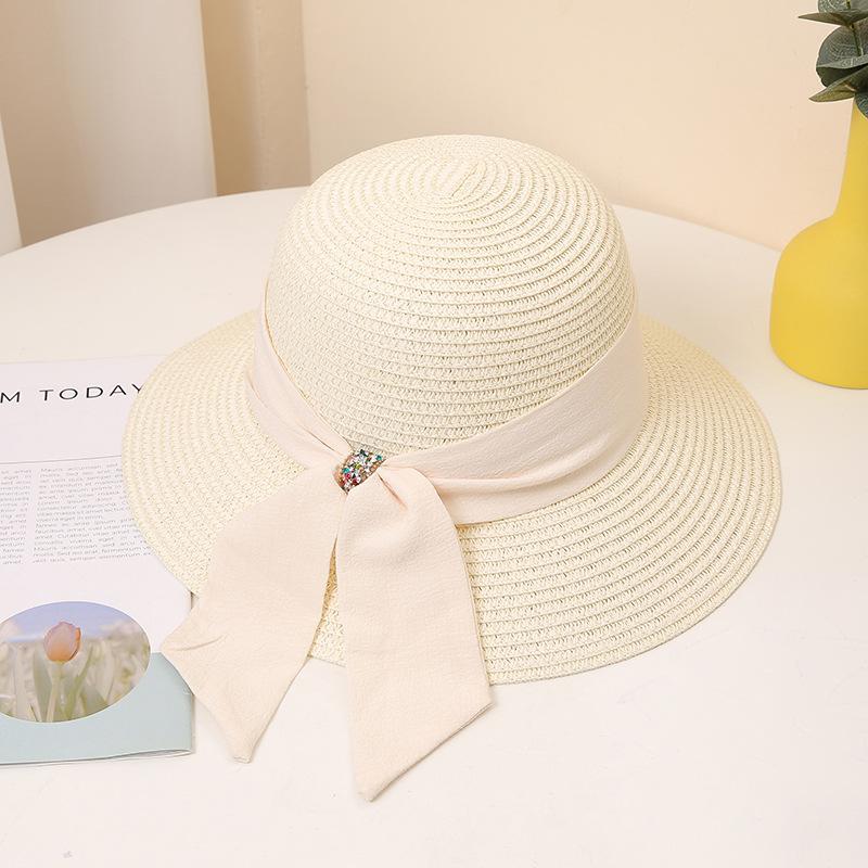 Women's Wide Brim Straw Sun Hat with Elegant Black Bowknot, Solid Color Beach Hat for Summer Travel, Classic Outdoor UV Protection