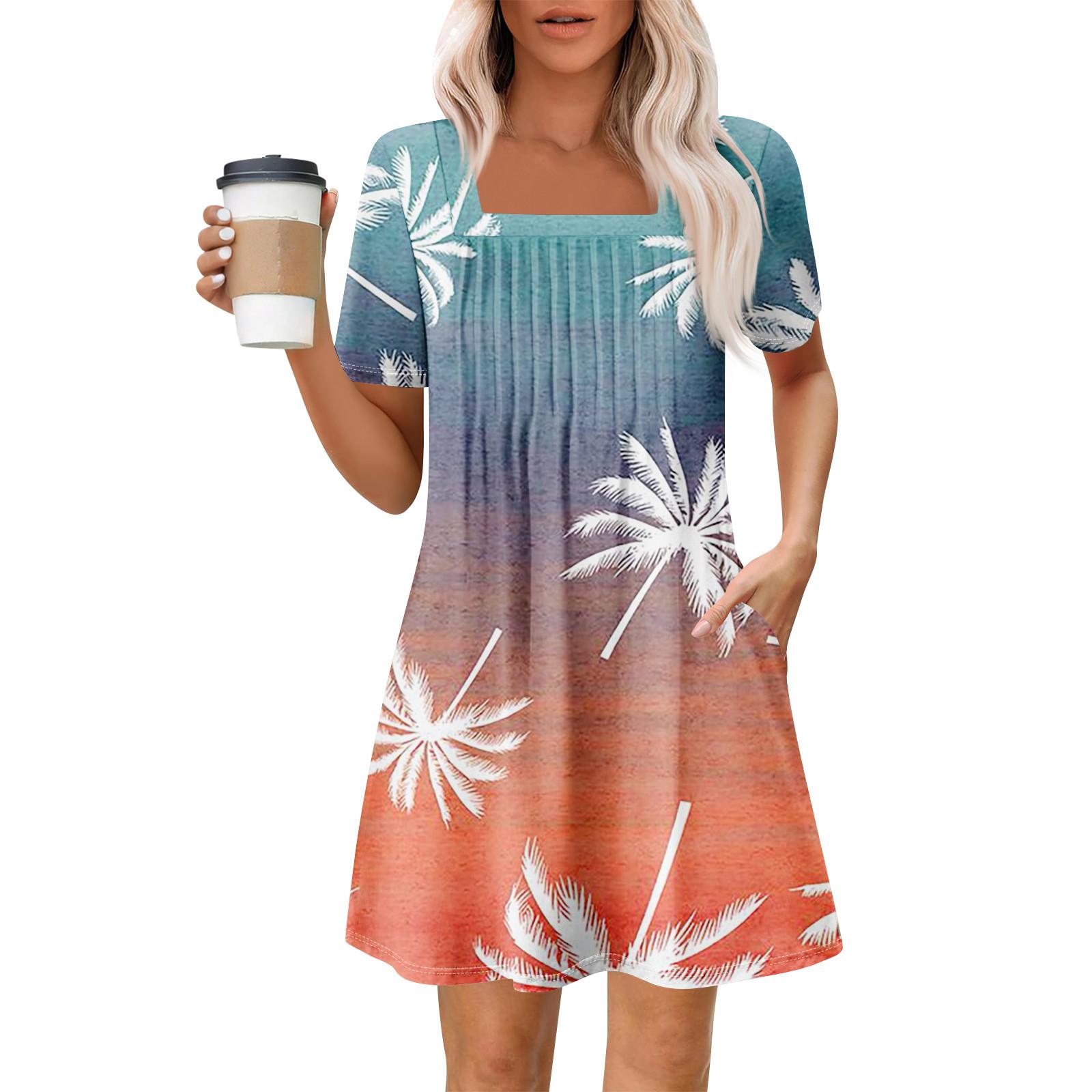 

Женские летние повседневные платья с квадратным вырезом, плиссировкой спереди и карманом, с короткими рукавами и принтом XXL шафрановый