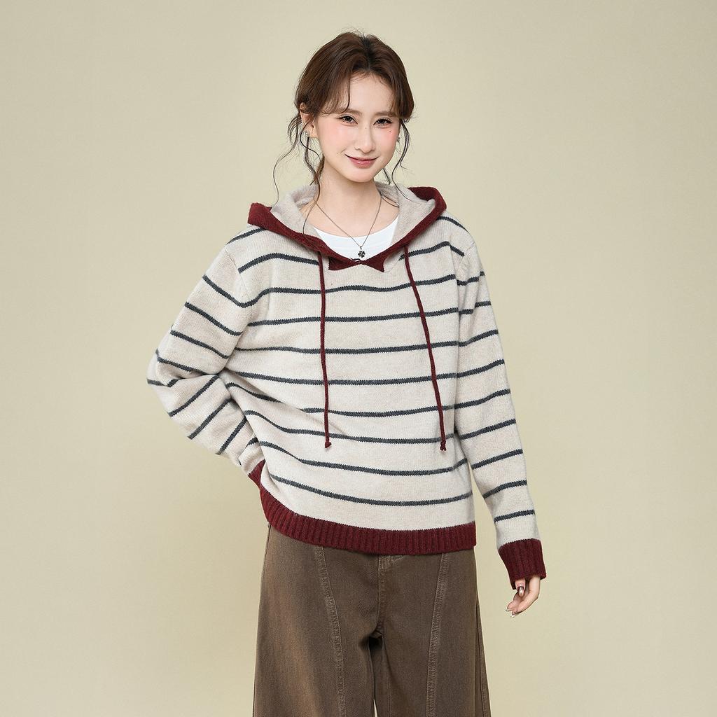 Lazy Hooded Striped Knitted Sweater Long-sleeved Thickened Bottoming Shirt with Autumn and Winter New Loose Coat Top Women