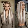 NOBLE 24 Inch13X6 Synthetic Lace Front Wig Highlight Brown White Streaks Straight Natural Hairline Heat Resistant For White Wome