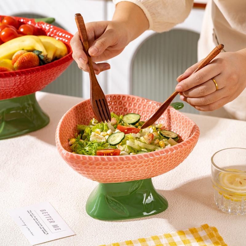 Chinese Style Ceramic Bowl Set: High-Foot, Large Capacity for Rice, Soup, Fruit; Includes Children's Bowl and Spoon