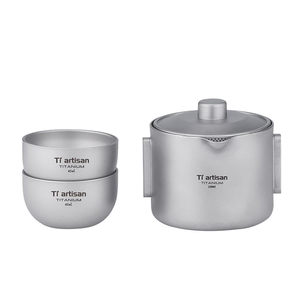 Ti Artisan Titanium Tea Set, Double-walled Teapot and Teacup, 180ml, with Storage Bag, Lightweight for Outdoors and Travel (Sanded)