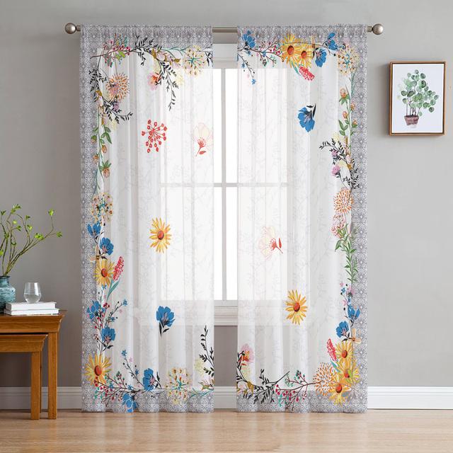 Herbal Flowers Spring Floral Sheer Voile Curtains For Living Room Bedroom Kitchen Festival Decor Chiffon Tulle Window Curtains