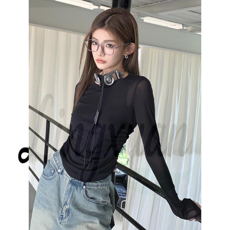 

2026 Spring/Summer Women s Slim Fit Round Neck Drawstring Cinched Waist Long Sleeve Base Layer Top Large чёрный