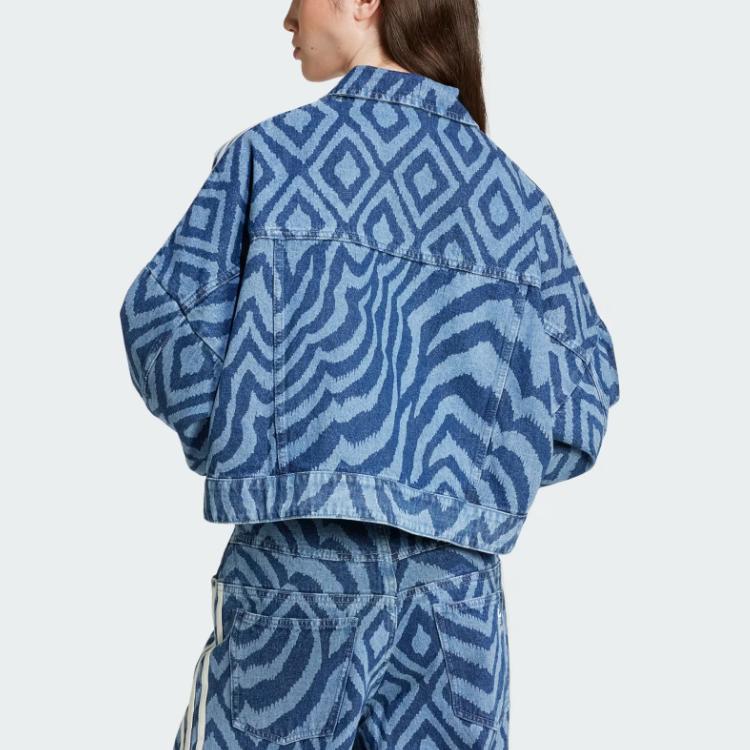 Adidas Originals X Farm Rio Collaboration SS24 Comfortable Fashionable Versatile Zip Design Long Sleeve Denim Jacket Women Jackets Blue IW0793