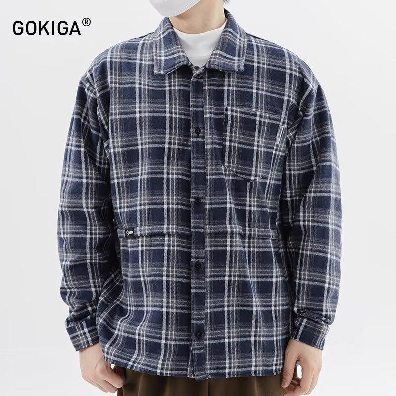 

Весенне-осенняя клетчатая рубашка в японском стиле в стиле ретро для мужчин и женщин, свободная повседневная рубашка с длинными рукавами в гонконгском стиле, тонкое пальто в стиле преппи 2XL темно-синий