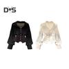 Women French Style Shirt Lapel V Neck Puff Long Sleeve Shirt Buttons Decor Irregular Hem Solid Color Tops
