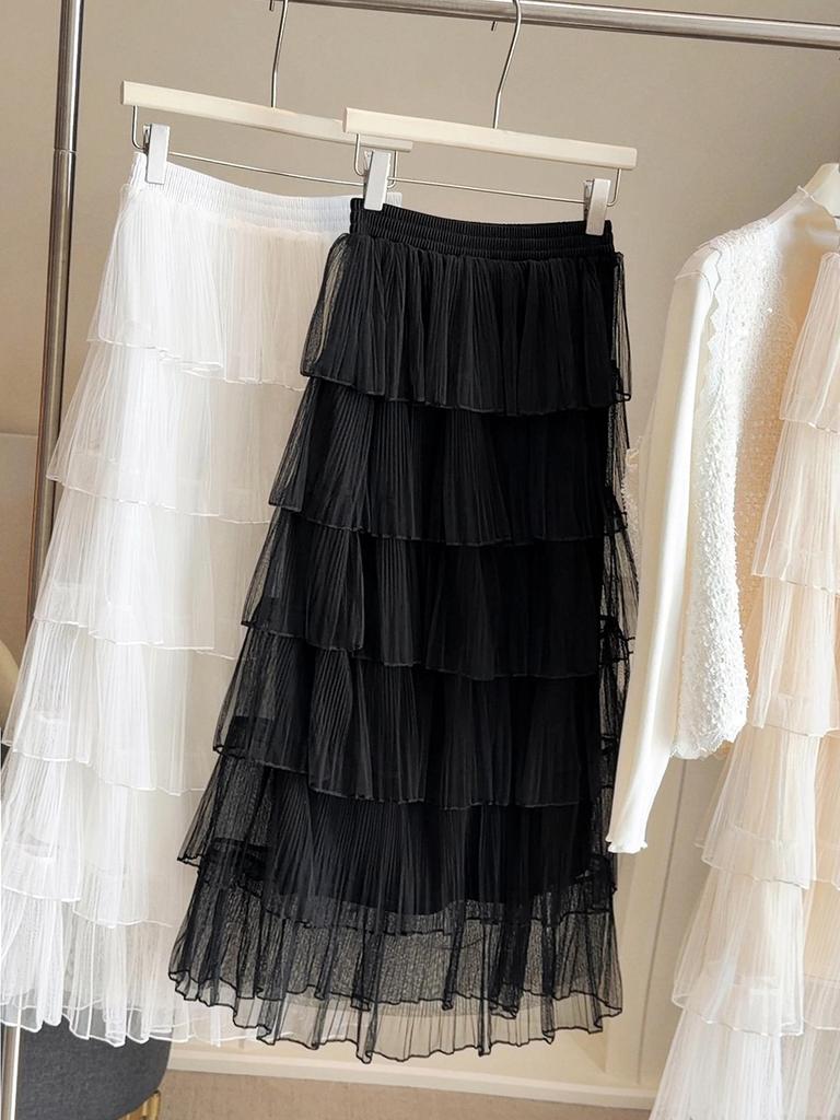 Korean Mesh Layered High-Waisted Mid-Length Skirt for Women - Elegant and Flowy Spring 2026 Collection