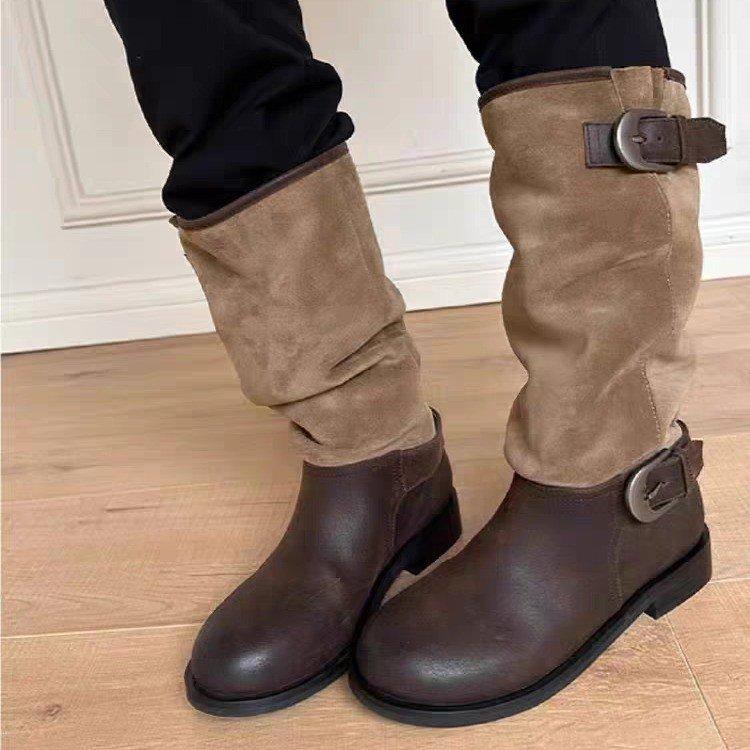 

Korean women s combat boots round head low thick heel Martin boots women s 2025 autumn new small slim knight high boots 40