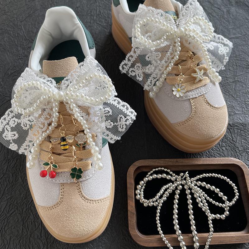 Pearl Bow Chain, Bee & Four-Leaf Clover Shoelace Charms for Kids' Sports Shoes