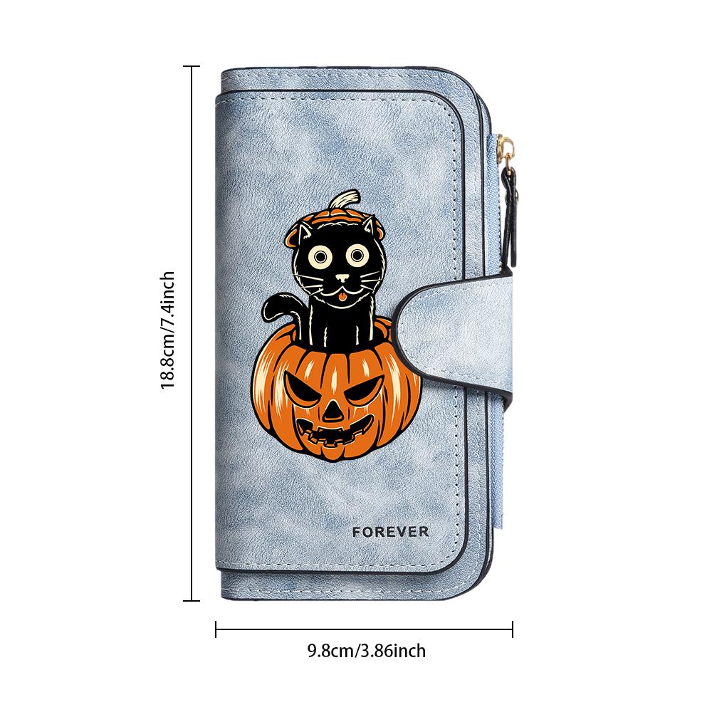 Halloween Black Cat Pumpkin Pattern Long PU Wallet Cute Fashion Multi Card Slot Purse for Daily Use