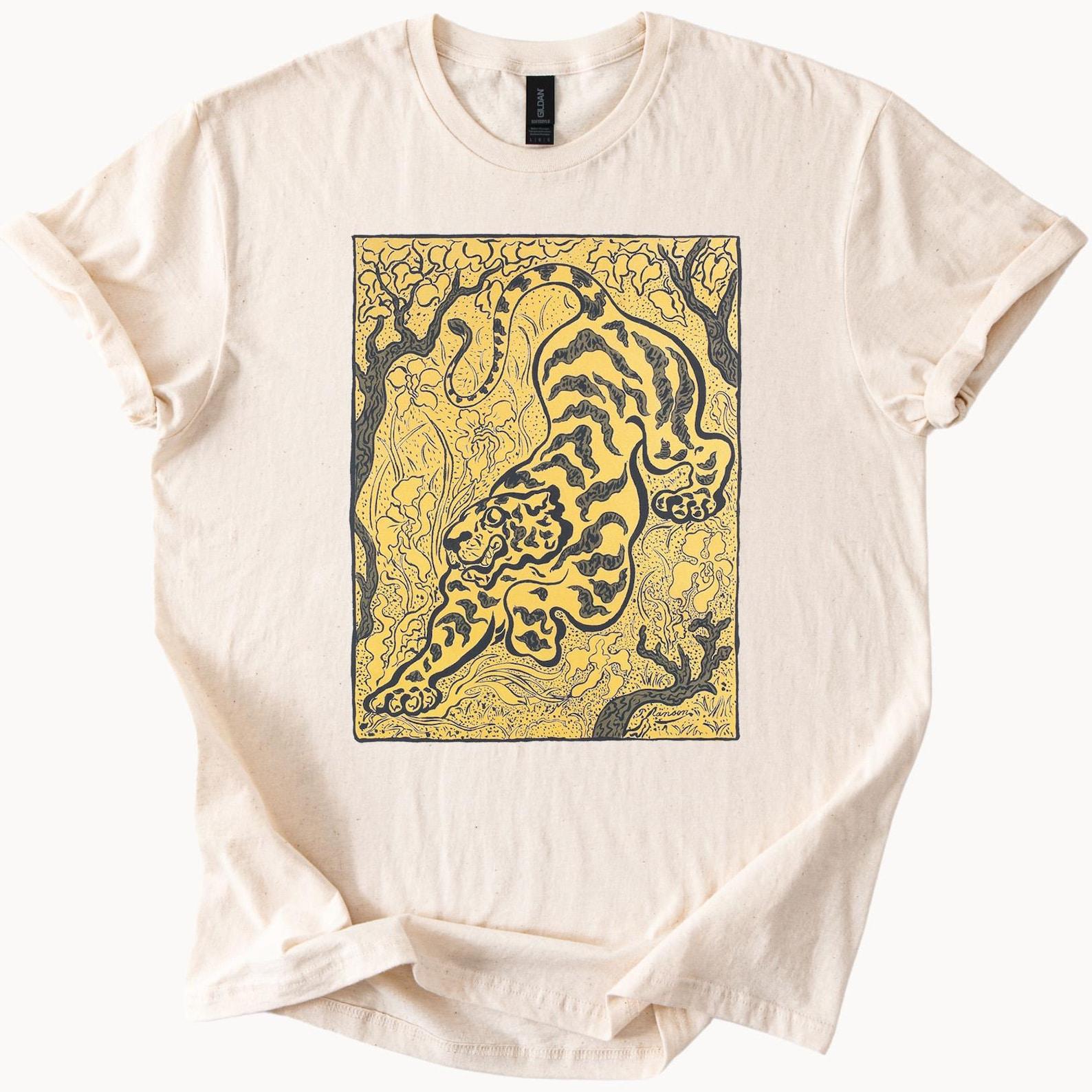 Roaring Tiger Graphic Tee Jungle Cat Illustration T Shirt Animal Lover Gift 140