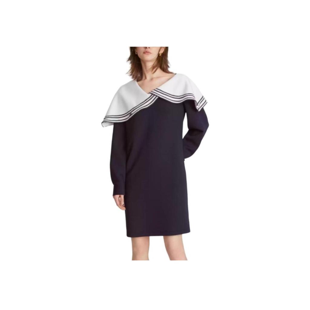ELLE Elegant Navy Collar Comfortable Delicate Commuter Simple Long Sleeve Dress Women dresses Navy-Blue EL47022