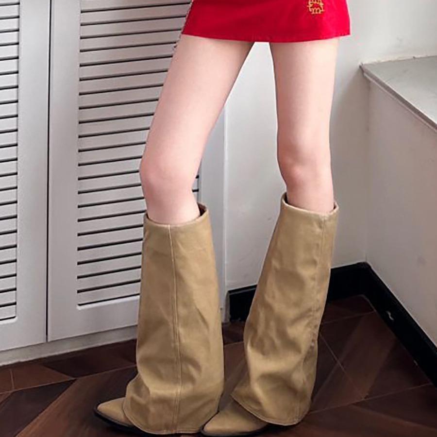 Leather Niche Pointed Heel Thick Heel But Knee Pant Pants Boots Women's Autumn and Winter Long Boots Straight Knight Boots Western Cowboy Boots