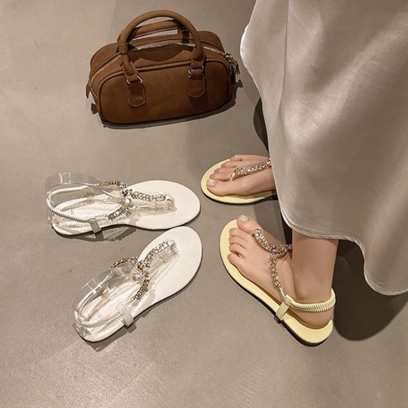 Fashion Fashion Women Sandals Summer Pinch Toe Casual Flat Sandals Luxury Rhinestone Fairy Style Sandals for Women Roman Beach Sandalias